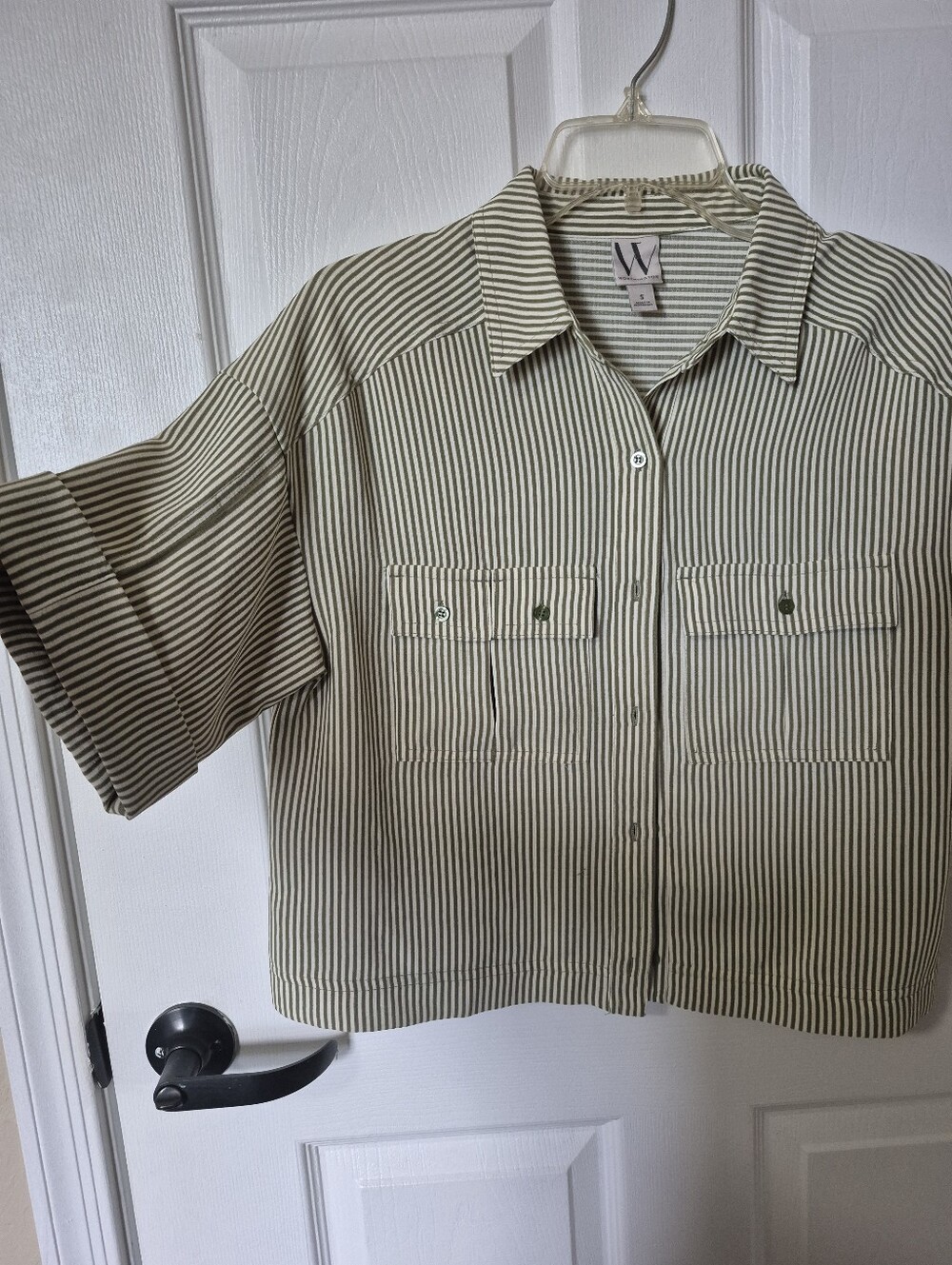 W by Worth Olive Stripe Button-Front Camp Shirt - Picture 2 of 4